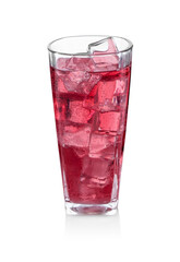 Sweet soda water with ice cubes in glass isolated on white