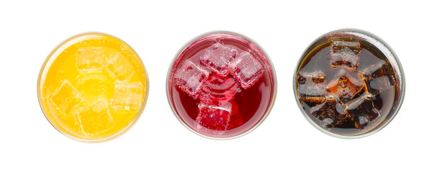 Soda water of different flavors with ice cubes in glasses isolated on white, top view