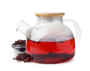 Tasty hibiscus tea in teapot isolated on white