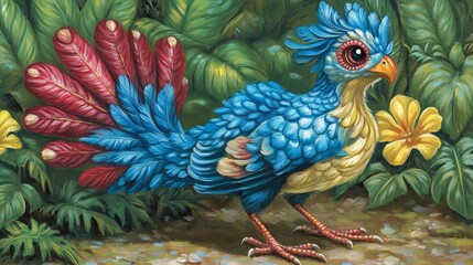 Obraz premium A vibrant, fantastical bird-like creature amidst lush tropical foliage