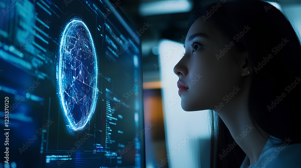 Poster ai artificial intelligence. business woman using ai technology for data analysis, coding computer la