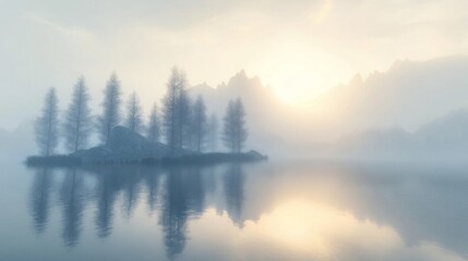 Fototapeta premium Misty Sunrise Over a Tranquil Lake and Island with Mountain Reflections