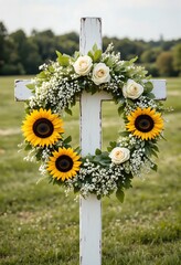 A vibrant memorial wreath adorned with sunflowers and roses, resting on a white cross, evokes peace and remembrance.