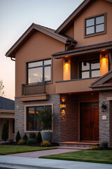 Obraz premium Luxury Modern Home Exterior at Dusk: Captivating Architectural Design and Landscaping