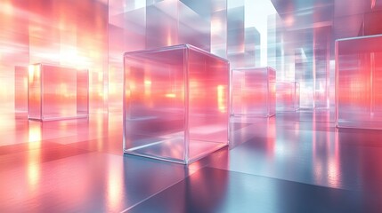 Abstract Minimalist Background with 3D Transparent Glossy Squares in Pastel Light