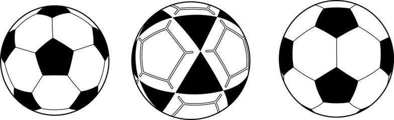 three outline vector illustrations of soccer balls with varying black and white patterns, highlighting different traditional designs © GalihSundoro