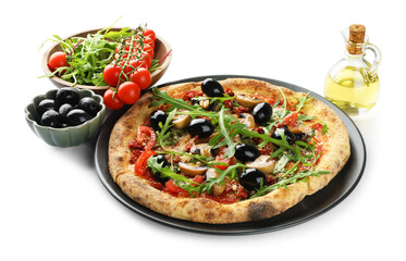 Tasty pizza with mushrooms, tomatoes, black olives and arugula isolated on white