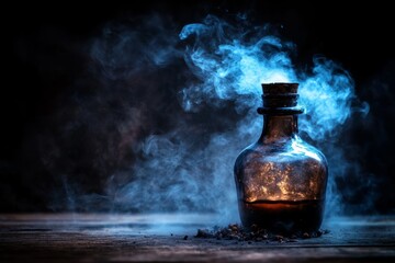 A Captivating Glass Bottle Emitting Enigmatic Smoke and a Mystical Glow