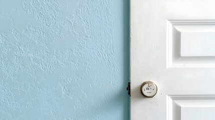 Blue wall, white door, thermometer, home interior