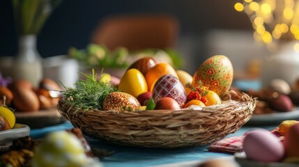 Colorful Decorated Easter Eggs in Rustic Basket on Table