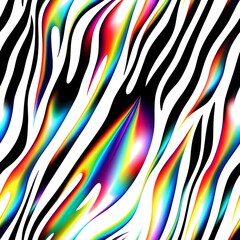 Abstract design features a pattern of black and white zebra-like stripes interspersed with vibrant, rainbow-colored flames. 