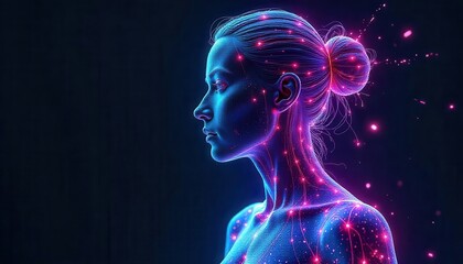 Naklejka premium Ethereal portrait of a woman surrounded by glowing particles digital art dark background futuristic concept