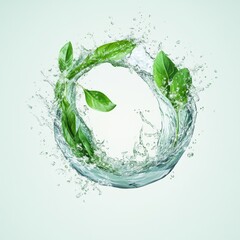 Fresh green leaves in a swirling water circle splash.