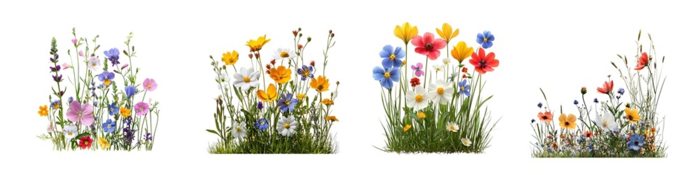 Set of grass and flowers isolated on transparent background