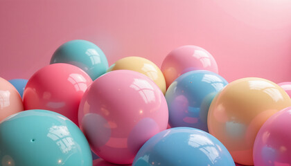 Colorful glossy spheres arranged on soft pink background, playful harmony
