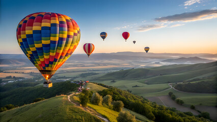 Obraz premium Colorful Hot Air Balloons Rising in the Morning Sky Over a Valley. Perfect for: Morning, Travel, Adventure