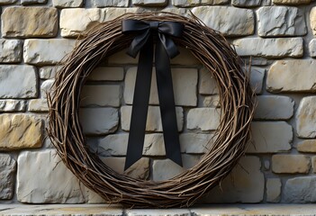 A solemn memorial wreath of twigs adorned with a black ribbon, resting against a textured stone wall, evokes reflection and reverence.