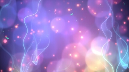 Fototapeta premium Soft, swirling lines dance across a background filled with bokeh lights in shades of purple and pink. Glowing orbs and subtle wisps create a dreamy and ethereal atmosphere.