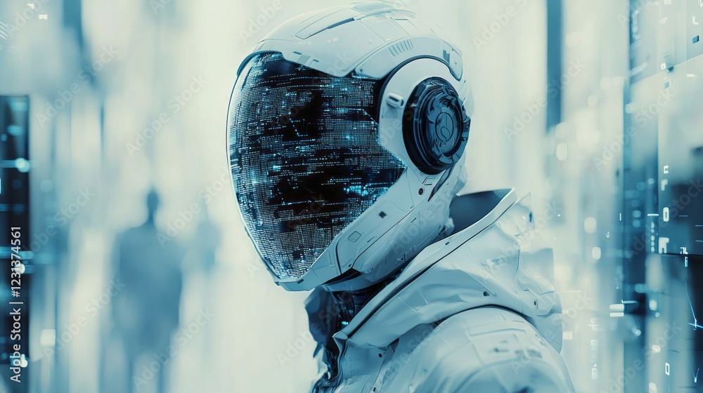 Poster A humanoid figure with a reflective, digitalized helmet stands amidst a futuristic environment. The intricate details of the suit and surrounding binary data create an immersive tech experience