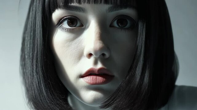 Close-up portrait of a young woman with a blunt bob hairstyle and striking makeup in a monochrome setting