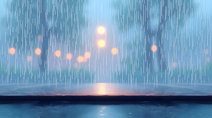 Raindrops cascade down in a steady rhythm, creating a shimmering curtain in front of blurred streetlights. The softly glowing lights enhance the serene, moody ambiance of a rainy evening.