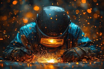 welder performing metalwork in industrial steel construction factory with protective gear and sparks