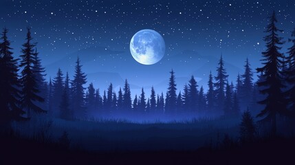 Naklejka premium Serene moonlit night in a dense evergreen forest, stars twinkling