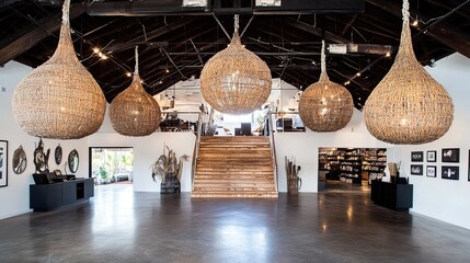 Showroom interior  rustic chic, large woven lights, wooden staircase, art gallery