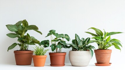 A collection of healthy indoor plants in various modern pots set against a bright background, showcasing the beauty of nature and enhancing interior decor.