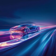 A car is driving down a road with a blue background. The car is surrounded by a purple and blue light