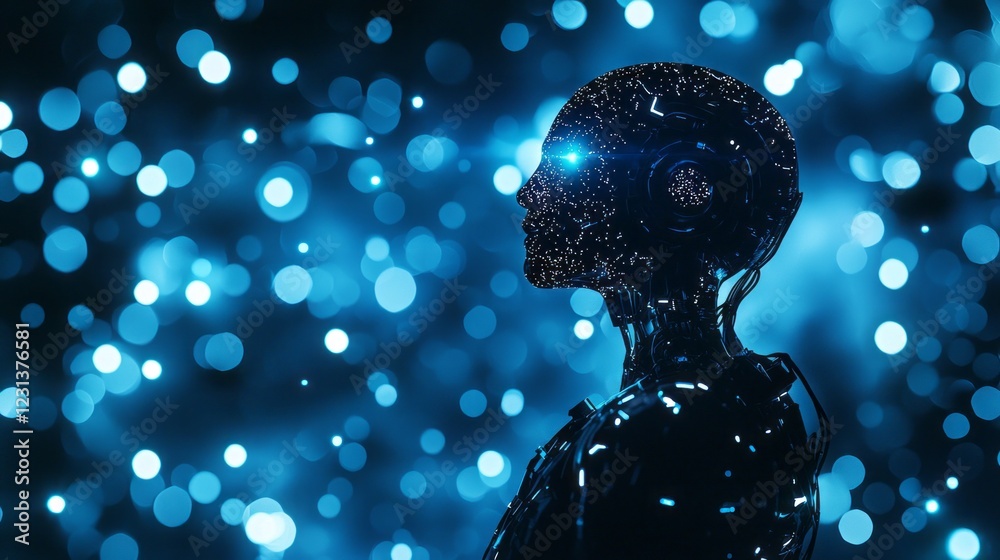 Poster in a stunning display of advanced technology, a humanoid robot silhouette emerges against a backgrou