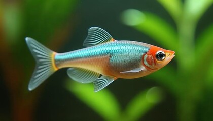 Fototapeta premium Aquarium fish swimming among plants in a colorful underwater environment
