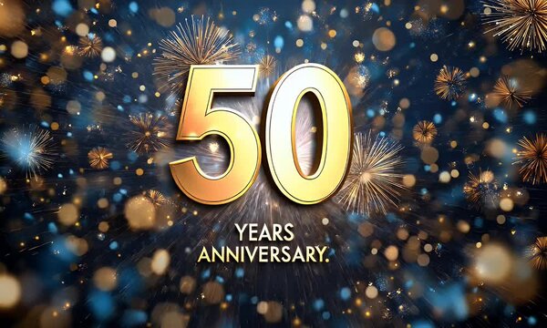 Golden 50 years anniversary with fireworks and bokeh lights.