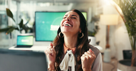 Office, excited and woman with celebration, good news or online notification for business success....