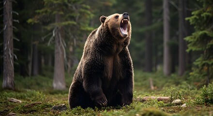 Obraz premium Roaring Grizzly Bear in Forest Wildlife Photography