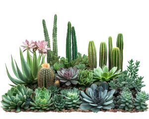 vibrant desert garden featuring various succulents and cacti, showcasing minimalist design with lush greenery and colorful blooms. This serene landscape evokes tranquility and beauty