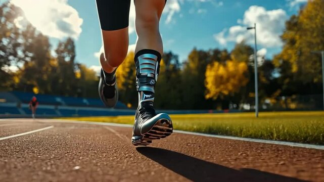 A runner with a prosthetic leg runs on a track. Sports prosthetic legs and a Paralympian