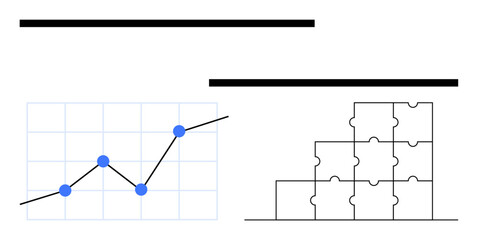 Line graph with upward trend and blue points beside stacked puzzle pieces symbolizing growth, problem-solving, and organization. Ideal for business, strategy, teamwork, success, workflow, data