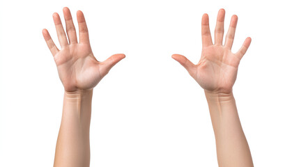 Both two hands reaching, touching, holding and taking something invisible, set isolated on white background