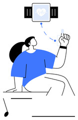 Woman seated, wearing a smartwatch, interacting with a touchscreen. Heartbeat data icon displayed. Ideal for fitness, healthcare, technology, digital health, wellness wearable devices abstract line