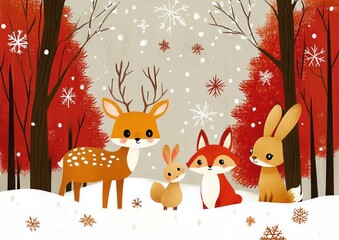 Obraz premium Winter Forest Scene with Cute Animals Deer Fox Rabbit and Bright Colors