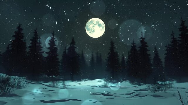 snowy winter forest at night with full moon seamless looping overlay 4k virtual video animation background