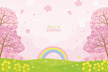 Cherry blossom and canola flower, rainbow background illustration, beautiful spring landscape.