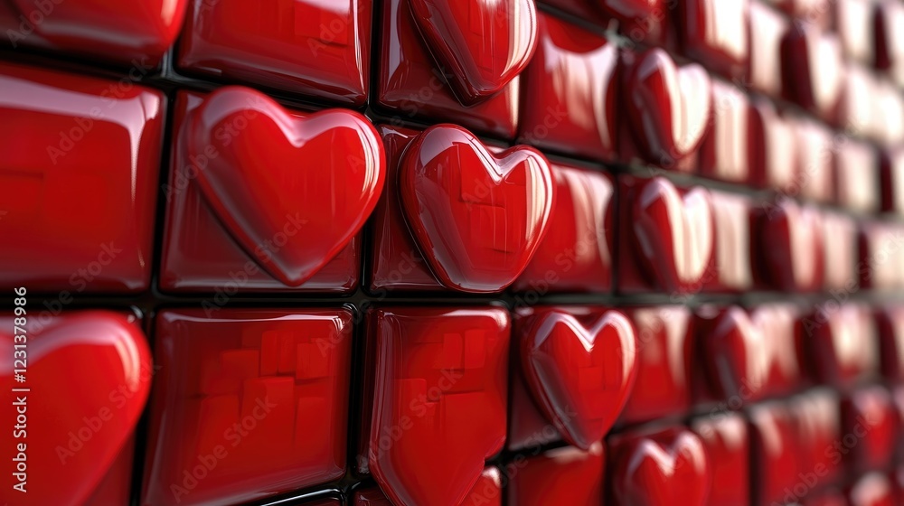 Aufkleber A 3D abstract background of red heart blocks stacked together, creating a unique and romantic display symbolizing love and emotion