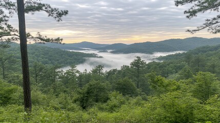Obraz premium Scenic Sunrise Over Foggy Mountain Valley Landscape Lush Green Forest