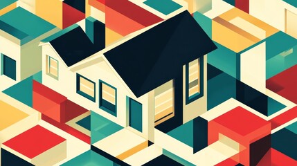 This vibrant abstract illustration features a house at the center, surrounded by colorful geometric blocks, creating a modern and artistic visual appeal.