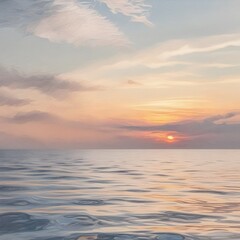 Fototapeta premium A serene sunset casts a warm glow over the gentle waves of the ocean. Soft clouds float lazily across the sky, reflecting the pastel hues of the setting sun.