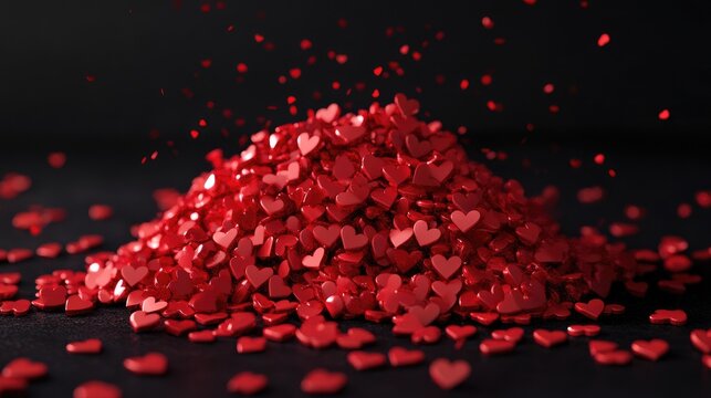 A 3D rendered pile of small red hearts, visually representing love, unity, and affection in a modern, digital artistic style