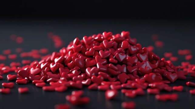 A 3D rendered pile of small red hearts, visually representing love, unity, and affection in a modern, digital artistic style
