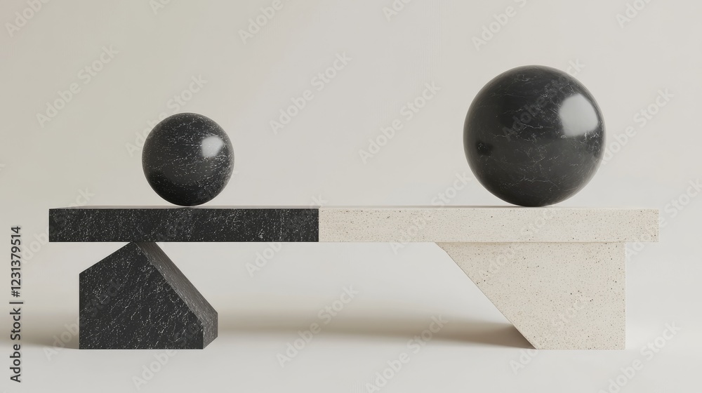 Poster A 3D rendering of balanced shapes or items, symbolizing harmony and equilibrium in a sleek, minimalist design for creative or business use